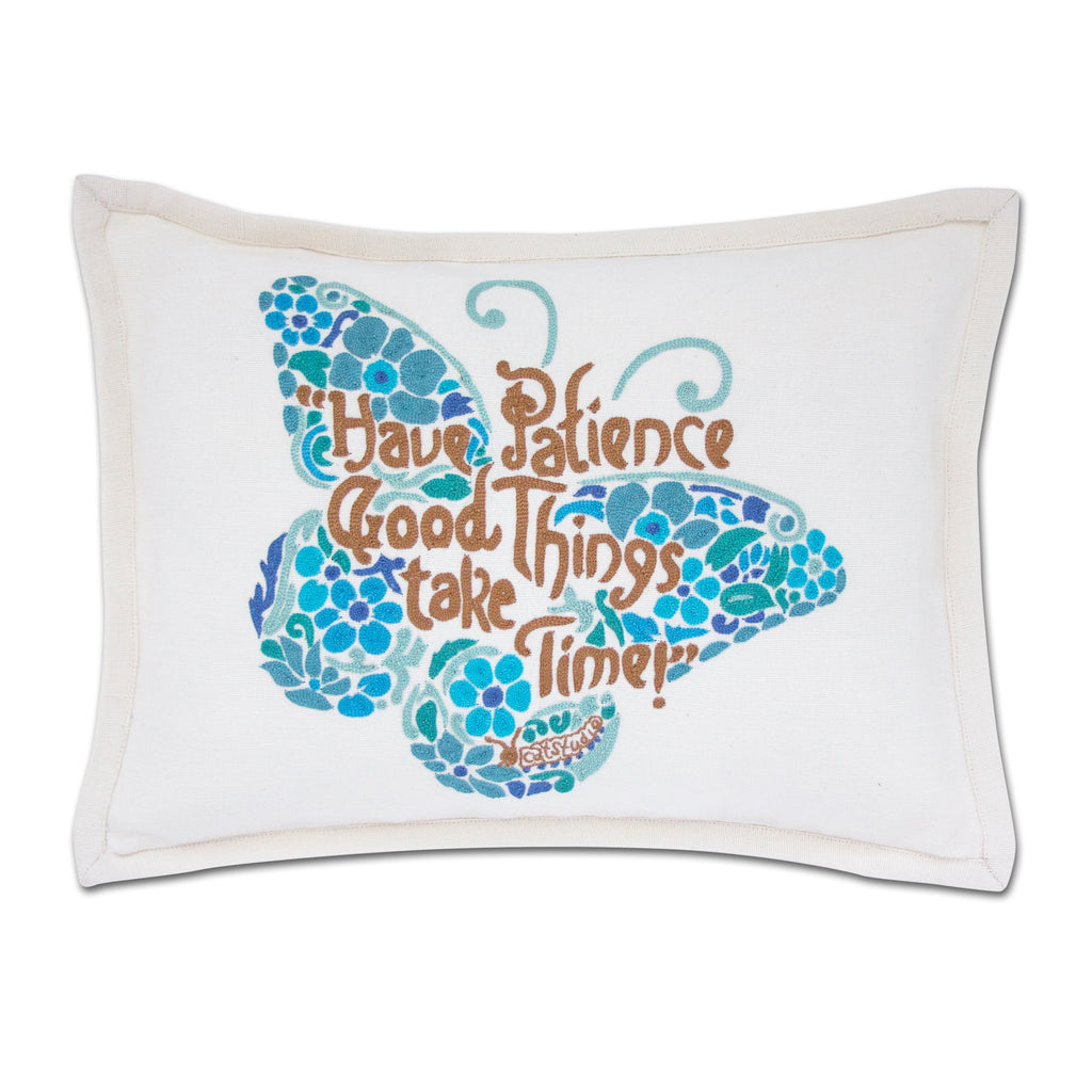 Patience Butterfly Blue Love Boho embroidered throw pillow with blue butterfly.