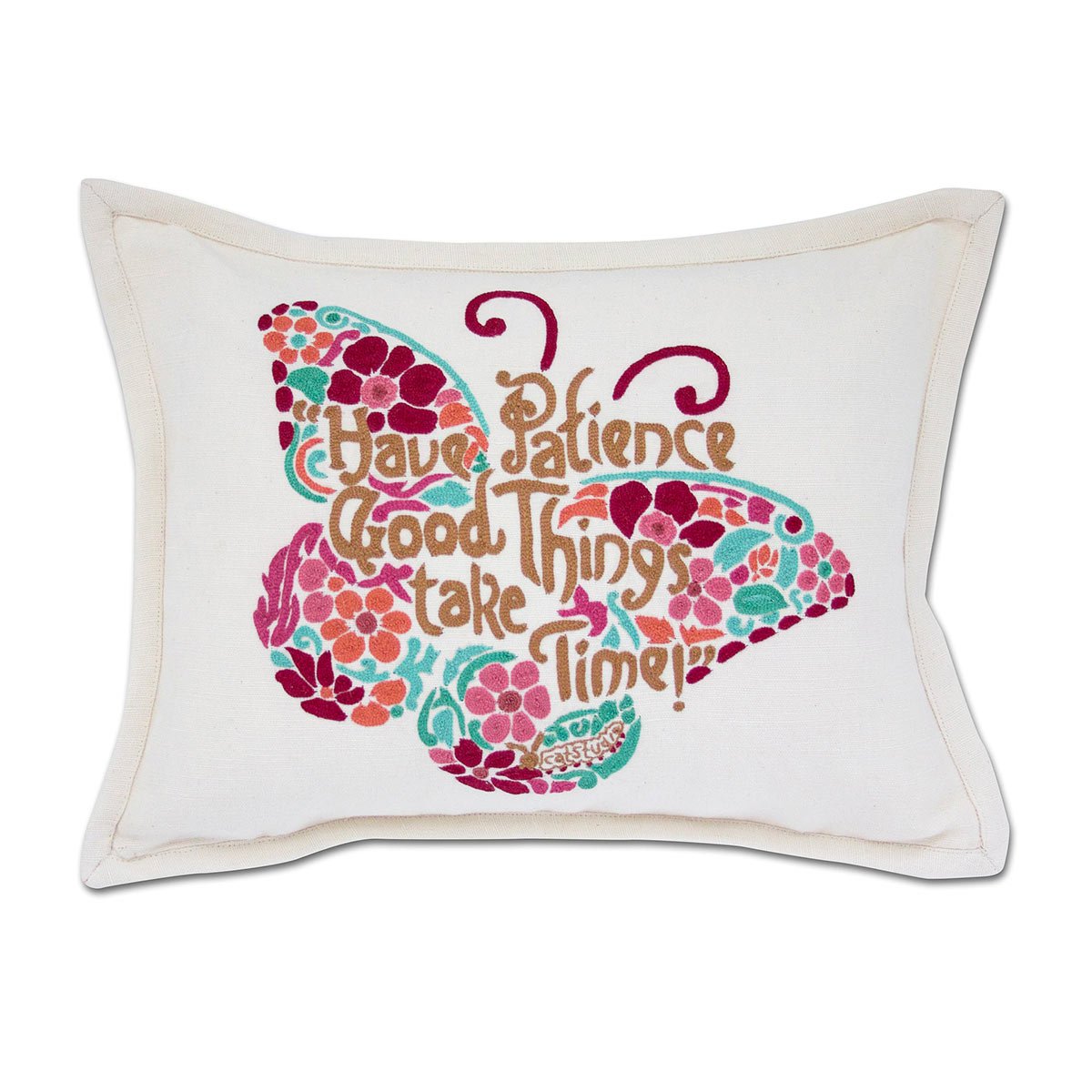 Patience Butterfly Pink hand-embroidered throw pillow with artisan decorative design
