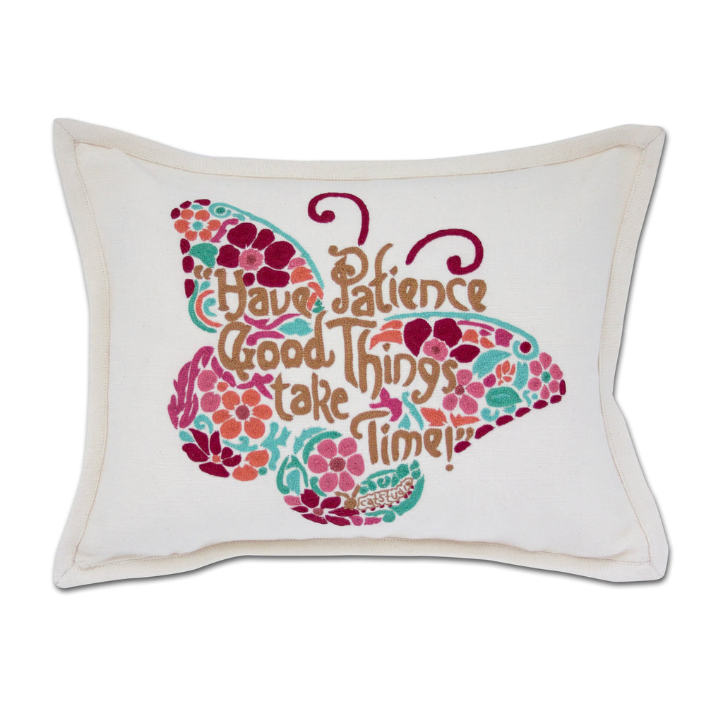 Patience Butterfly Pink Love Letters Boho embroidered throw pillow with pink butterfly.