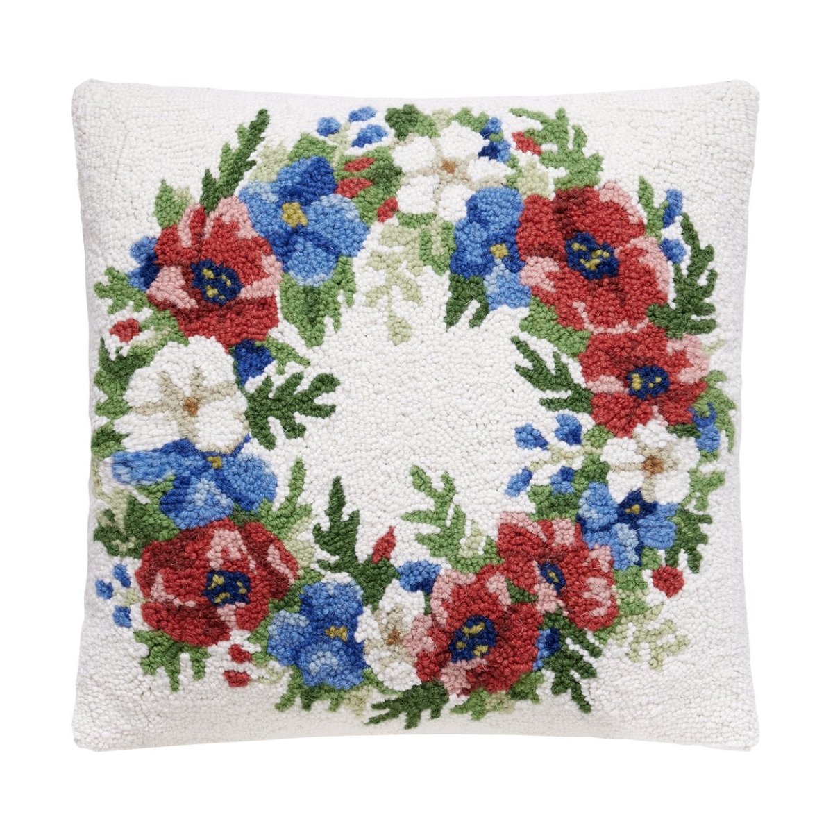 Patriotic Floral Wreath Wool Hooked Throw Pillow, 18x18 inch, front view