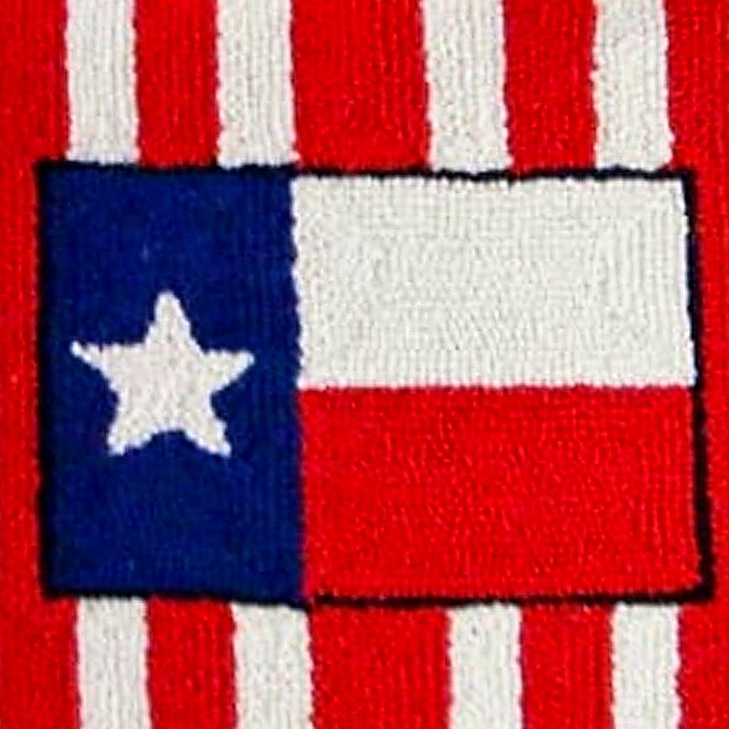 Closeup of Patriotic Texas Flag Wool Hooked needlepoint throw pillow highlighting hand-stitched wool craftsmanship and fabric detail