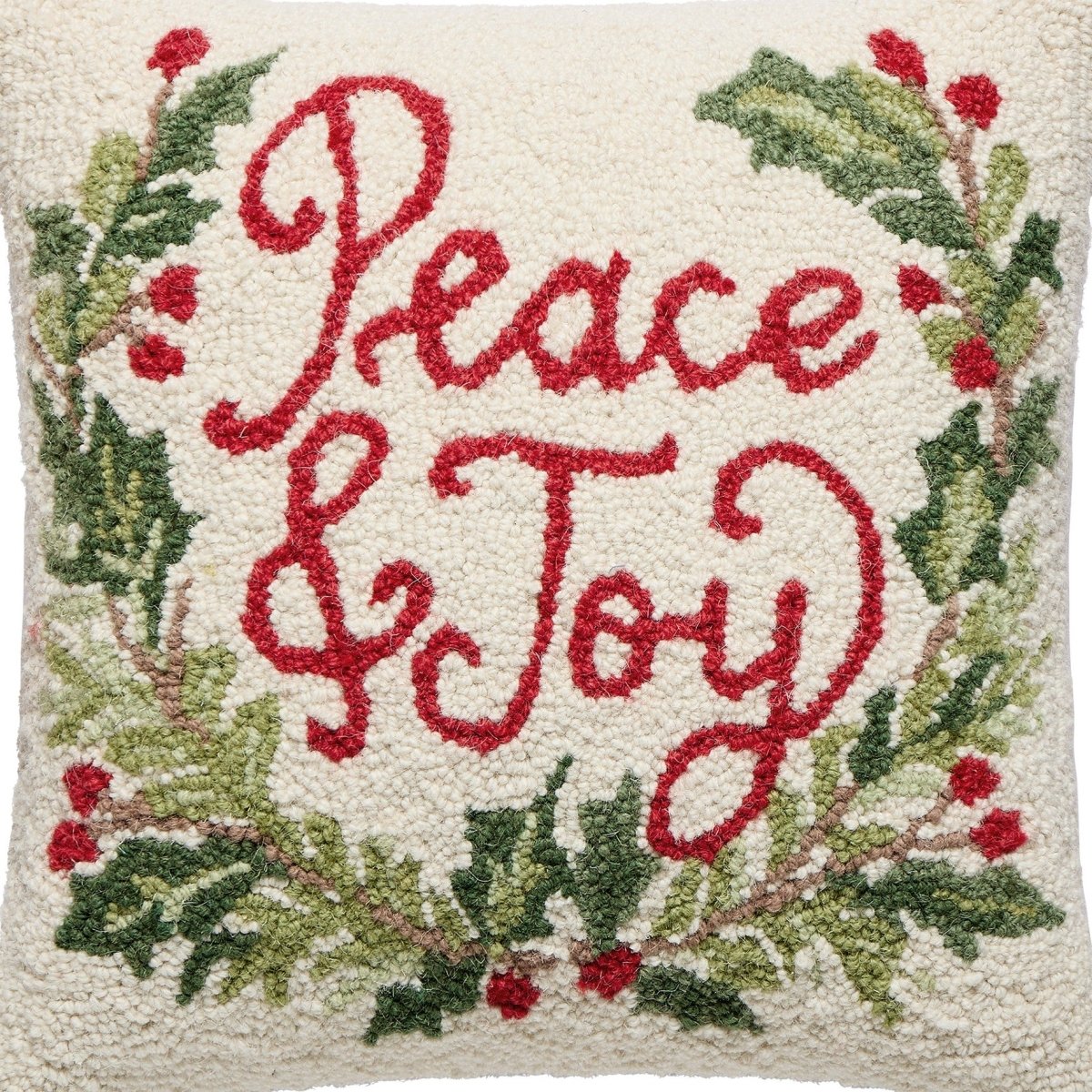 Peace & Joy Hooked Wool Christmas Throw Pillow, close-up detail