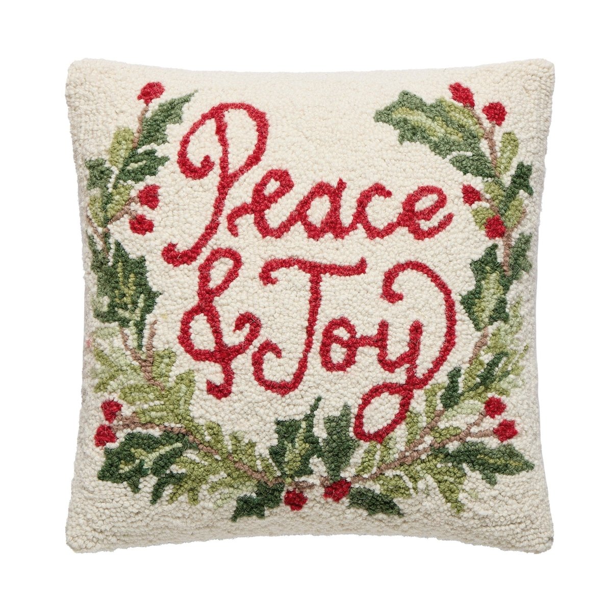 Peace & Joy Hooked Wool Christmas Throw Pillow, 16x16 inch, front view
