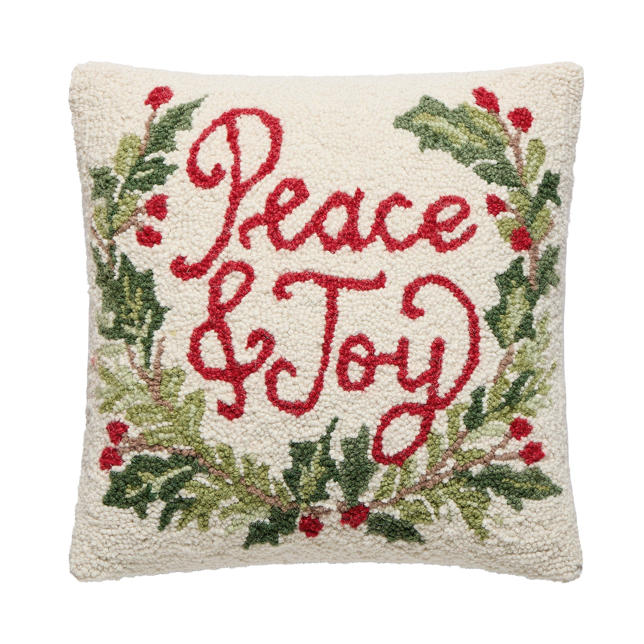 Peace & Joy Hooked Wool Christmas Throw Pillow, 16x16 inch, front view