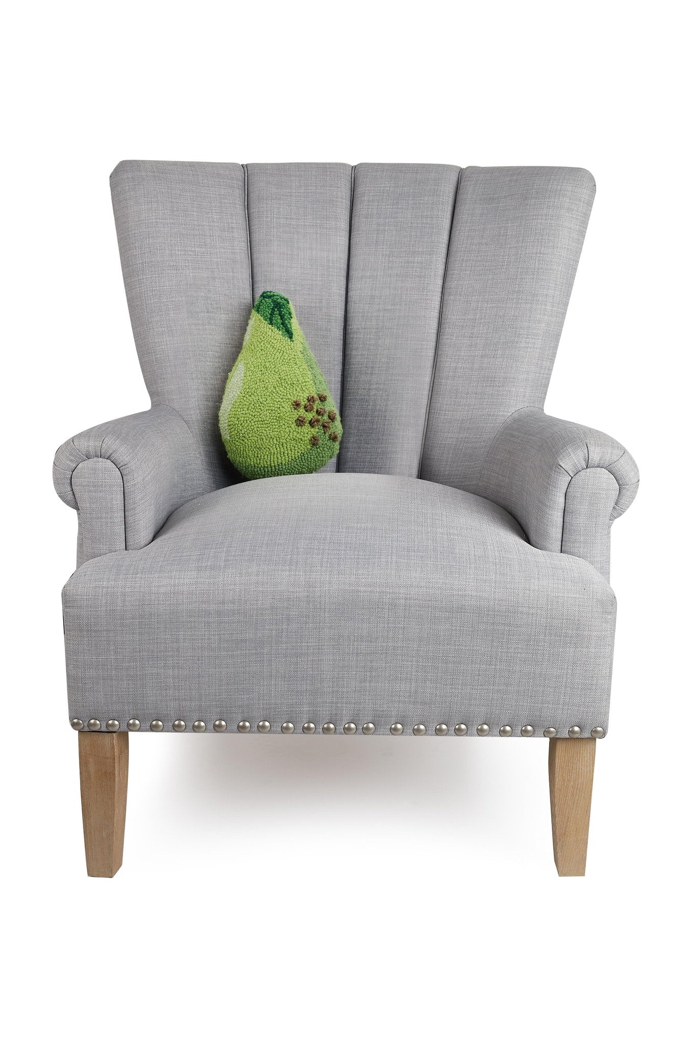 Pear Shaped Hooked Wool Throw Pillow on an armchair, showing the throw pillow at room scale, 8x12 inch