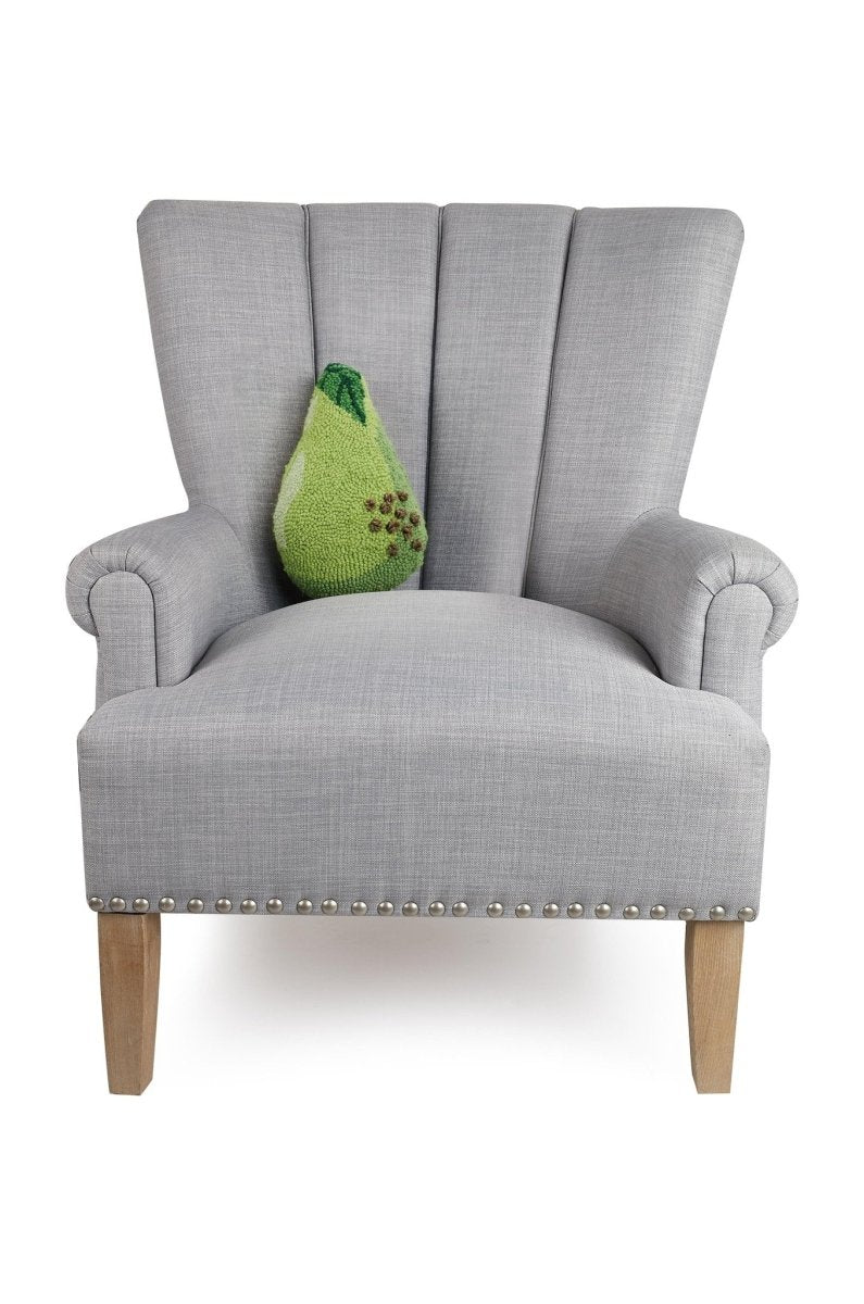 Pear Shaped Hooked Wool Throw Pillow on an armchair, showing the throw pillow at room scale, 8x12 inch