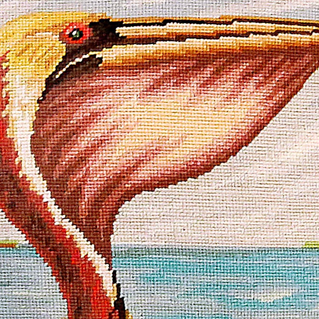 Pelican Nautical Ocean Bird Coastal pillow fabric closeup showing hand-embroidered needlepoint wool texture and color detail