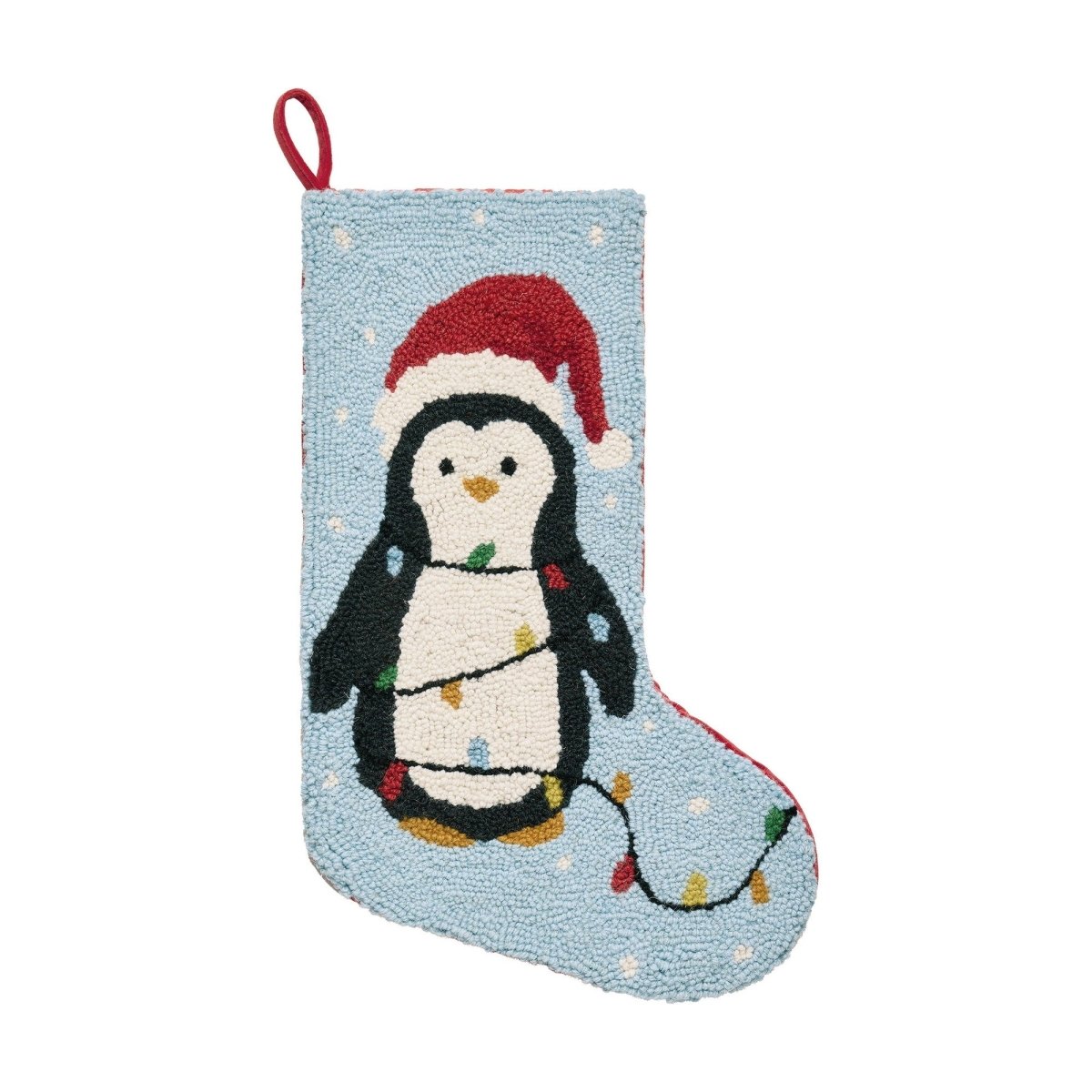 Penguin Hooked Wool Christmas Stocking, 12x20 inch, front view