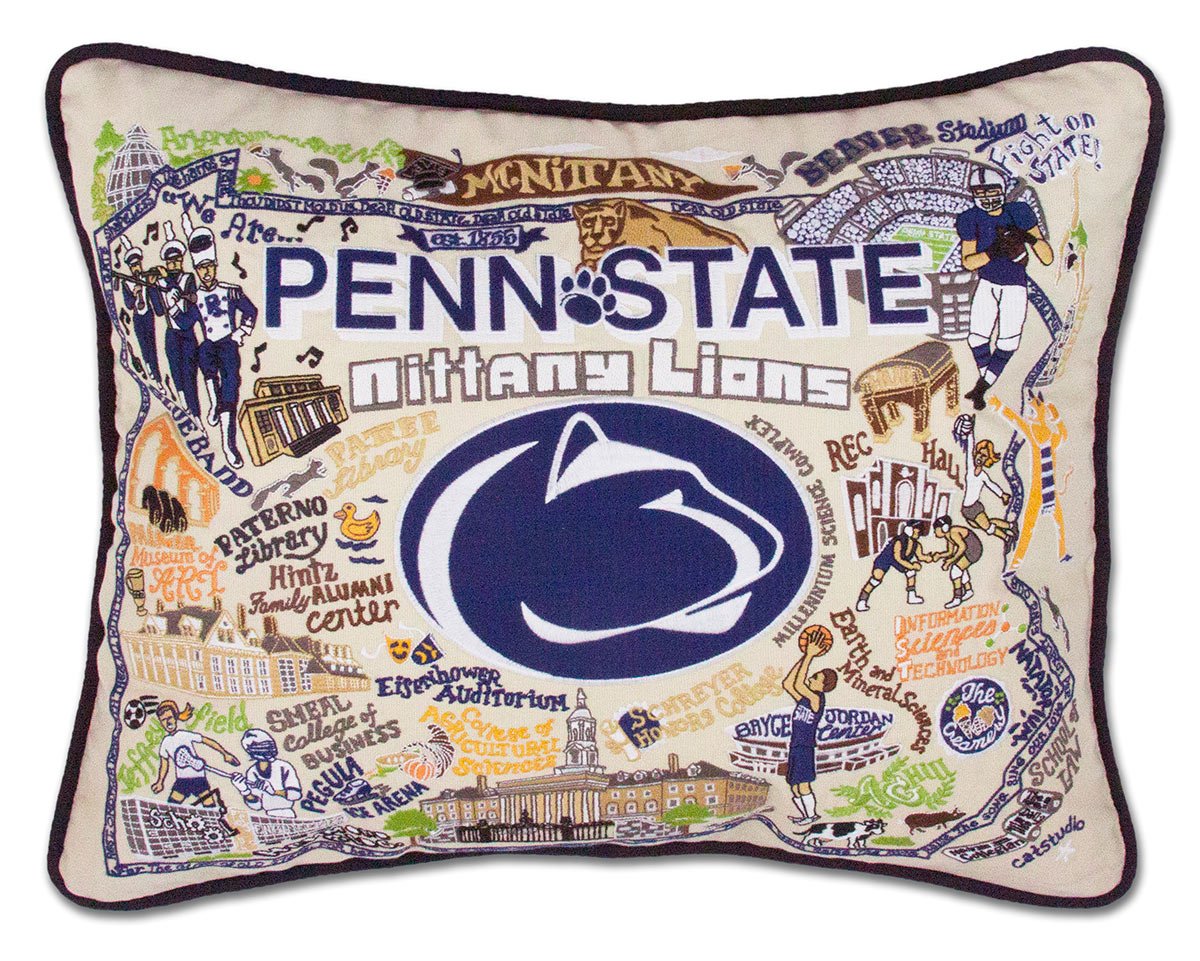 Penn State University Nittany Lions hand-embroidered throw pillow featuring school colors and mascot imagery