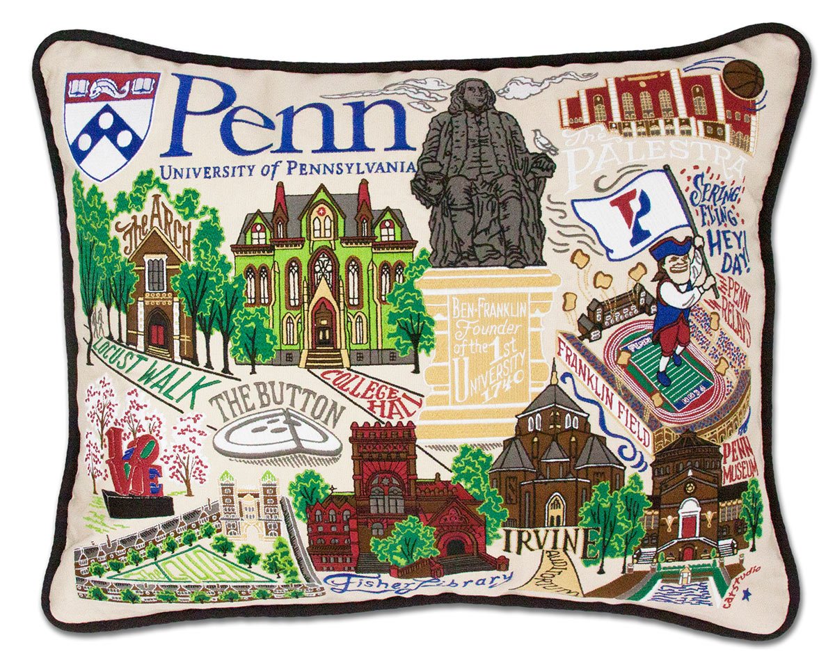Pennsylvania Quakers hand-embroidered throw pillow featuring school colors and mascot imagery