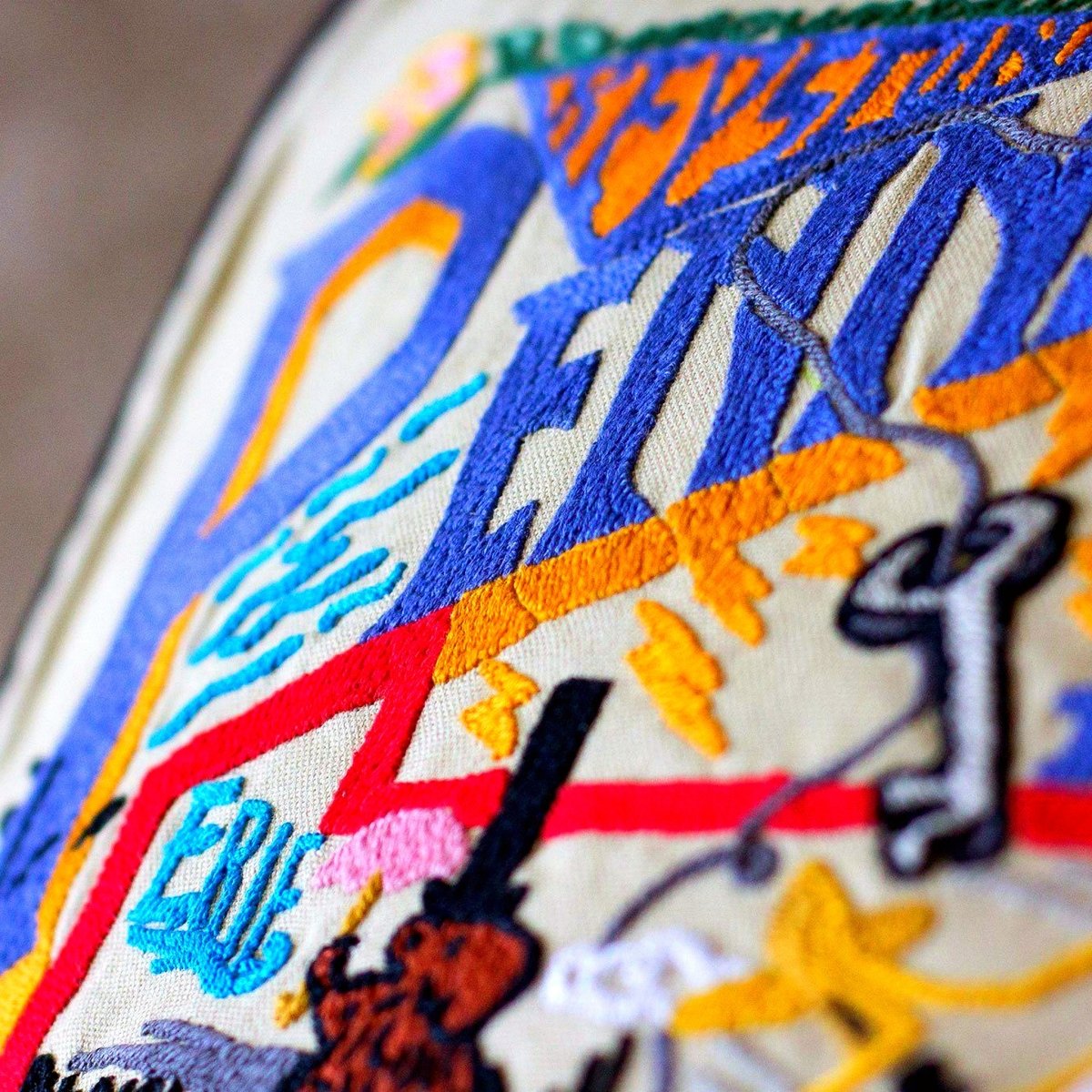 Pennsylvania State Keystone Travel Embroidered Throw Pillow - close-up detail of hand-embroidered needlepoint stitching