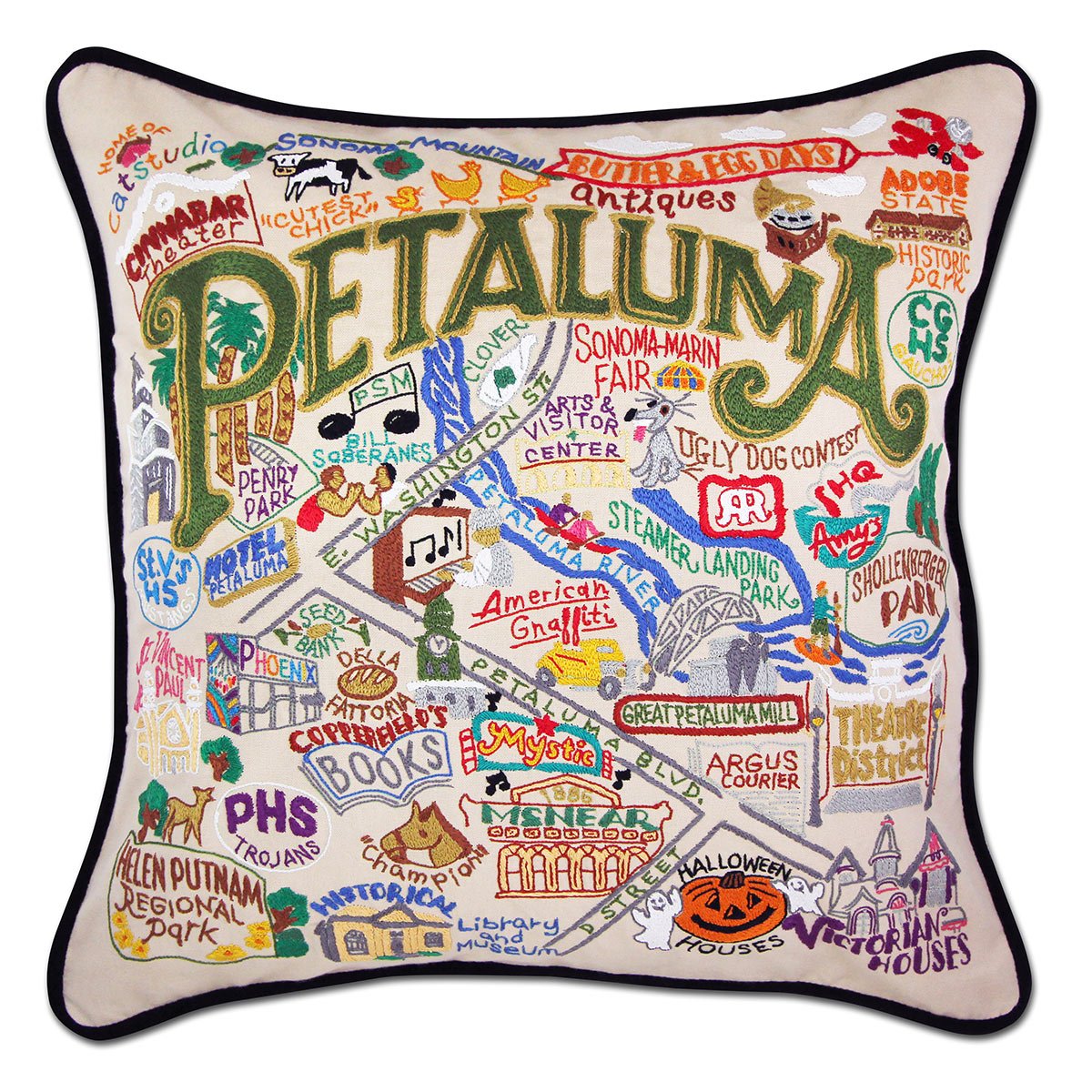 Petaluma, CA Vintage City hand-embroidered throw pillow showcasing iconic landmarks
