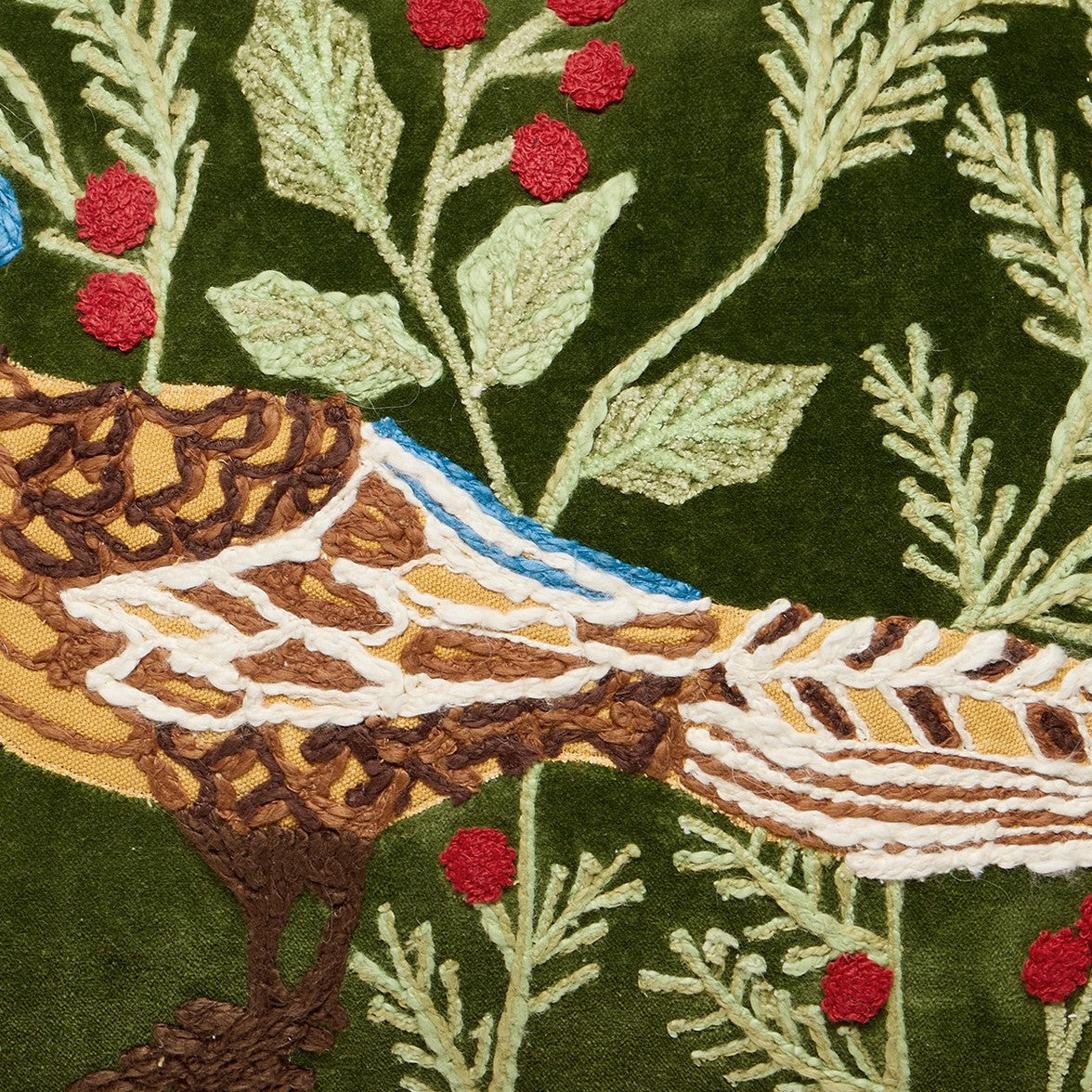 Pheasant Embroidered Christmas Throw Pillow, close-up detail