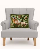 Pheasant Embroidered Christmas Throw Pillow on an armchair, showing the throw pillow at room scale, 12x16 inch