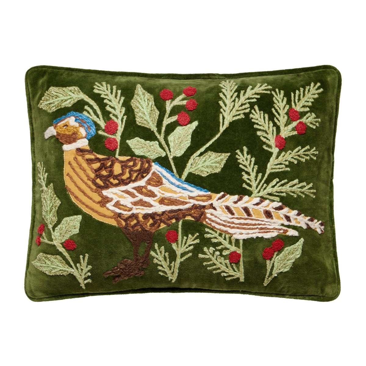 Pheasant Embroidered Christmas Throw Pillow, 12x16 inch, front view