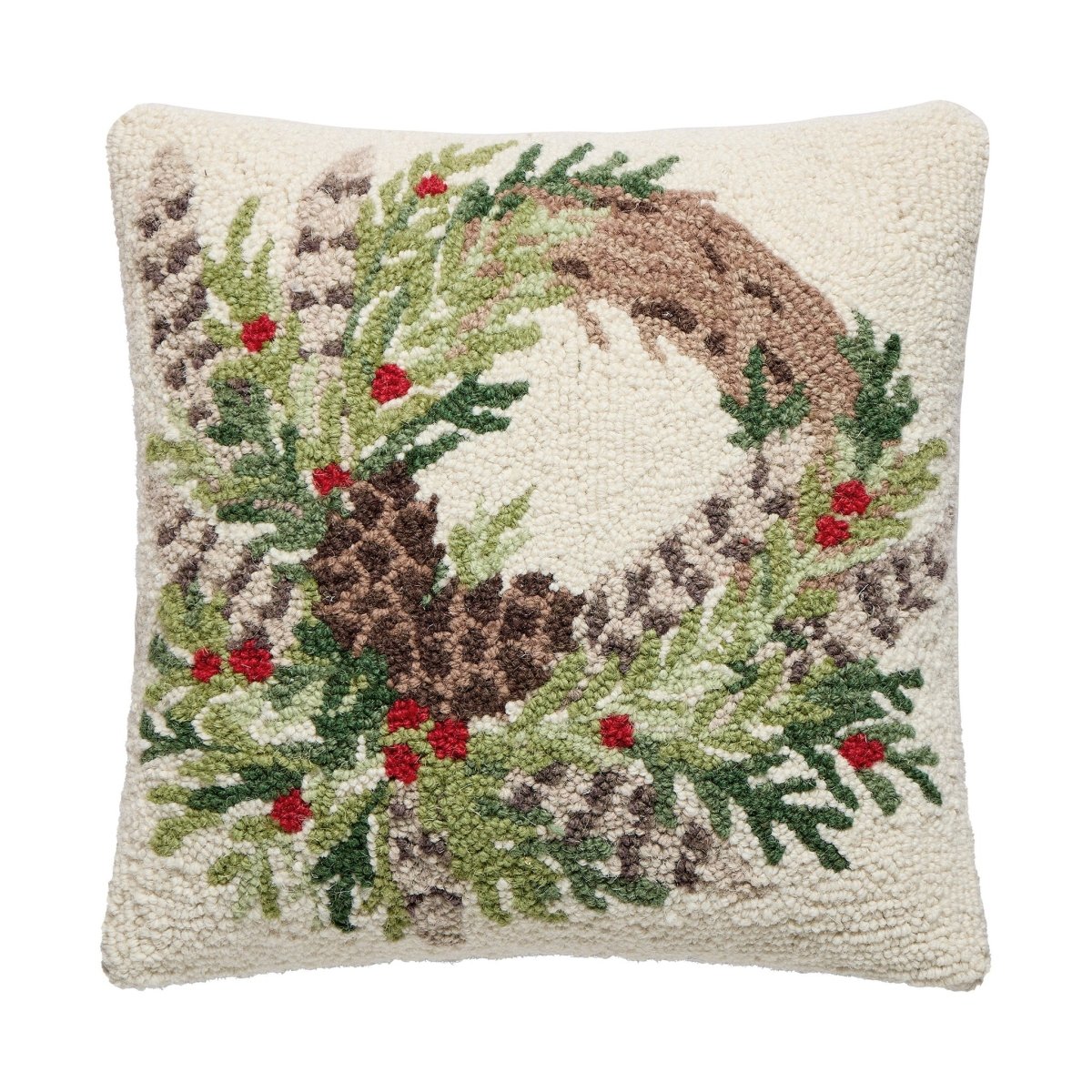 Pheasant Feather Wreath Hooked Wool Christmas Throw Pillow, 16x16 inch, front view