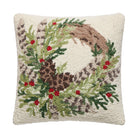 Pheasant Feather Wreath Hooked Wool Christmas Throw Pillow, 16x16 inch, front view