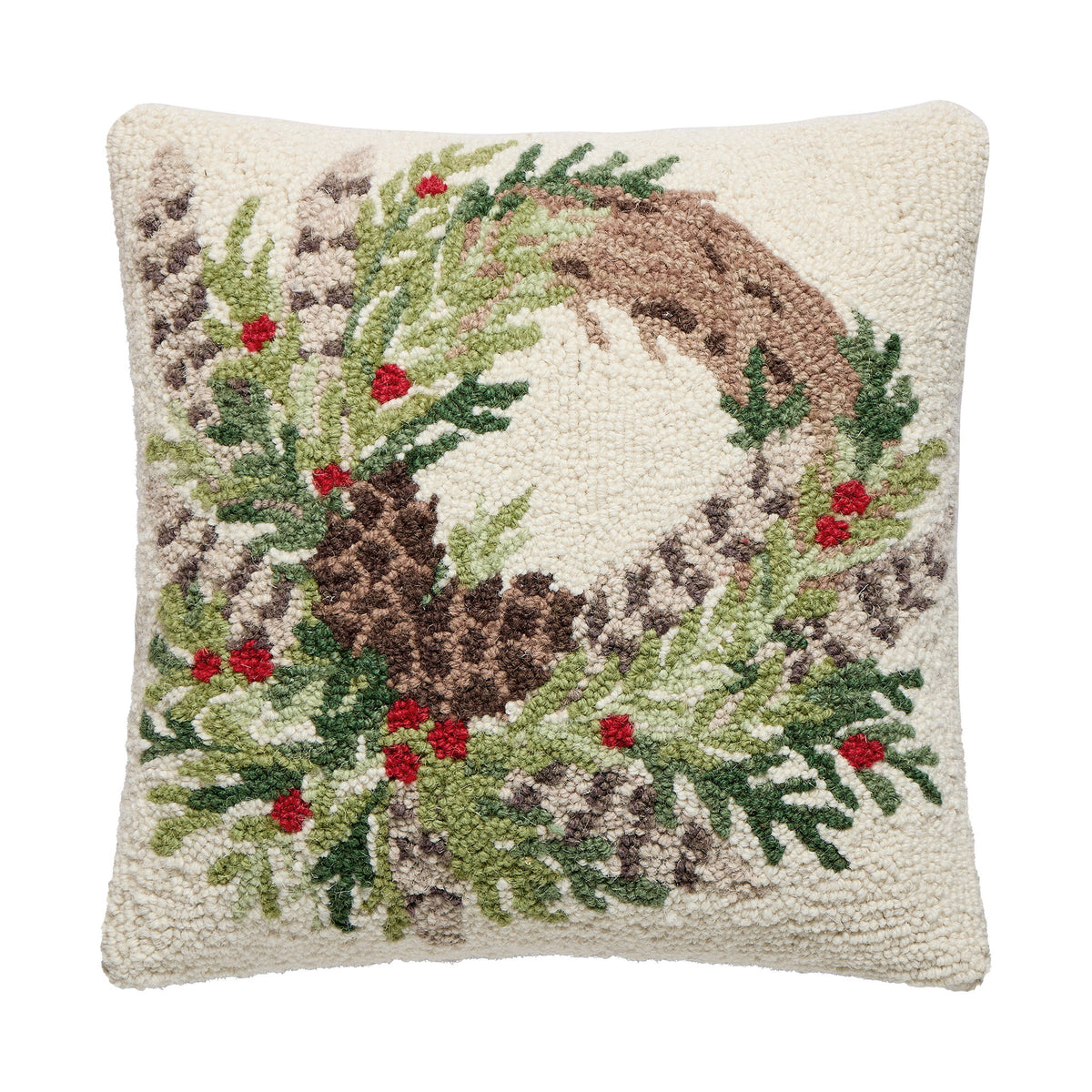 Pheasant Feather Wreath Hooked Wool Christmas Throw Pillow, 16x16 inch, front view