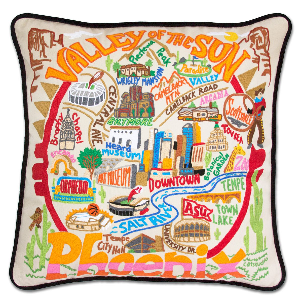 Phoenix, AZ Valley City hand-embroidered throw pillow showcasing iconic landmarks