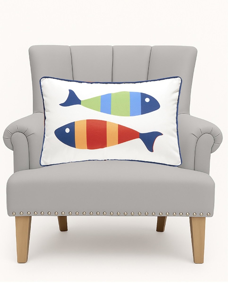 Picket Fish Oblong Printed Throw Pillow on an armchair, showing the throw pillow at room scale, 12x20 inch