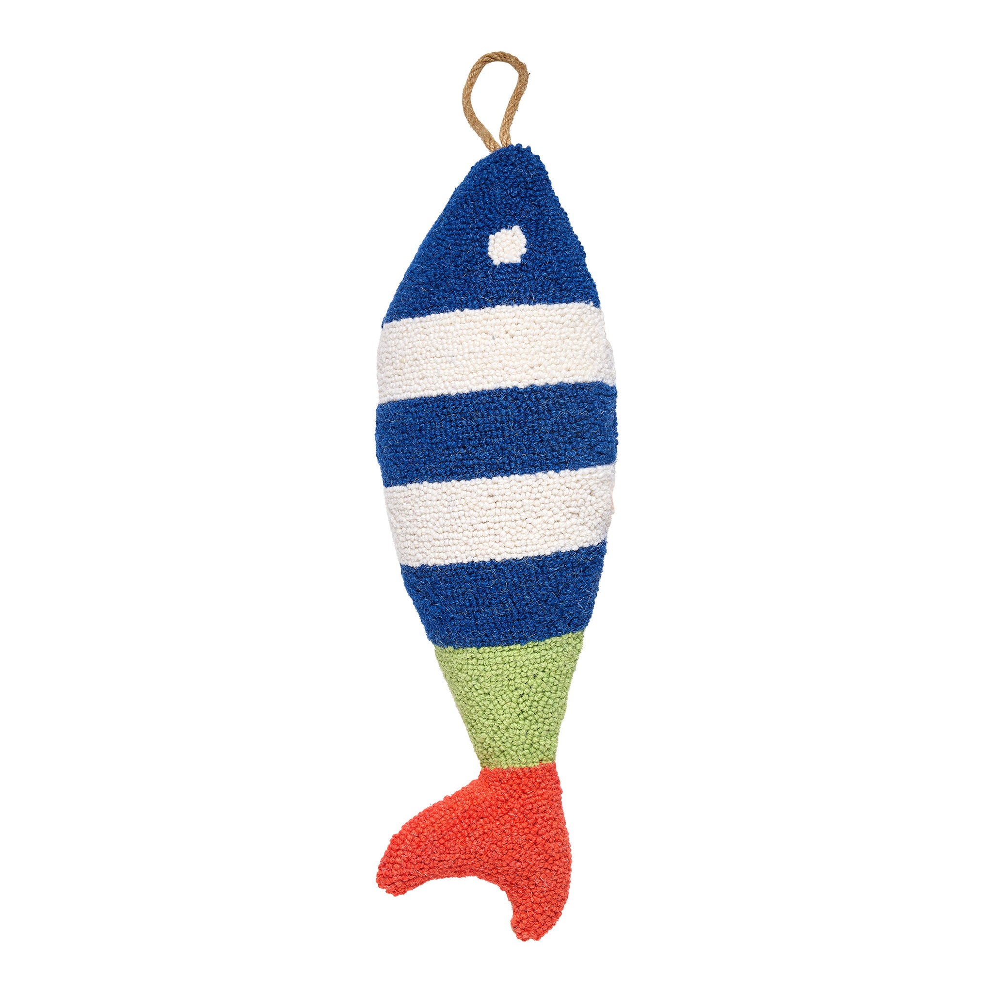 Picket Fish Shaped Hooked Wool Throw Pillow, 8x22 inch, front view