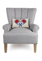 Pickleball Hooked Wool Throw Pillow on an armchair, showing the throw pillow at room scale, 9x16 inch