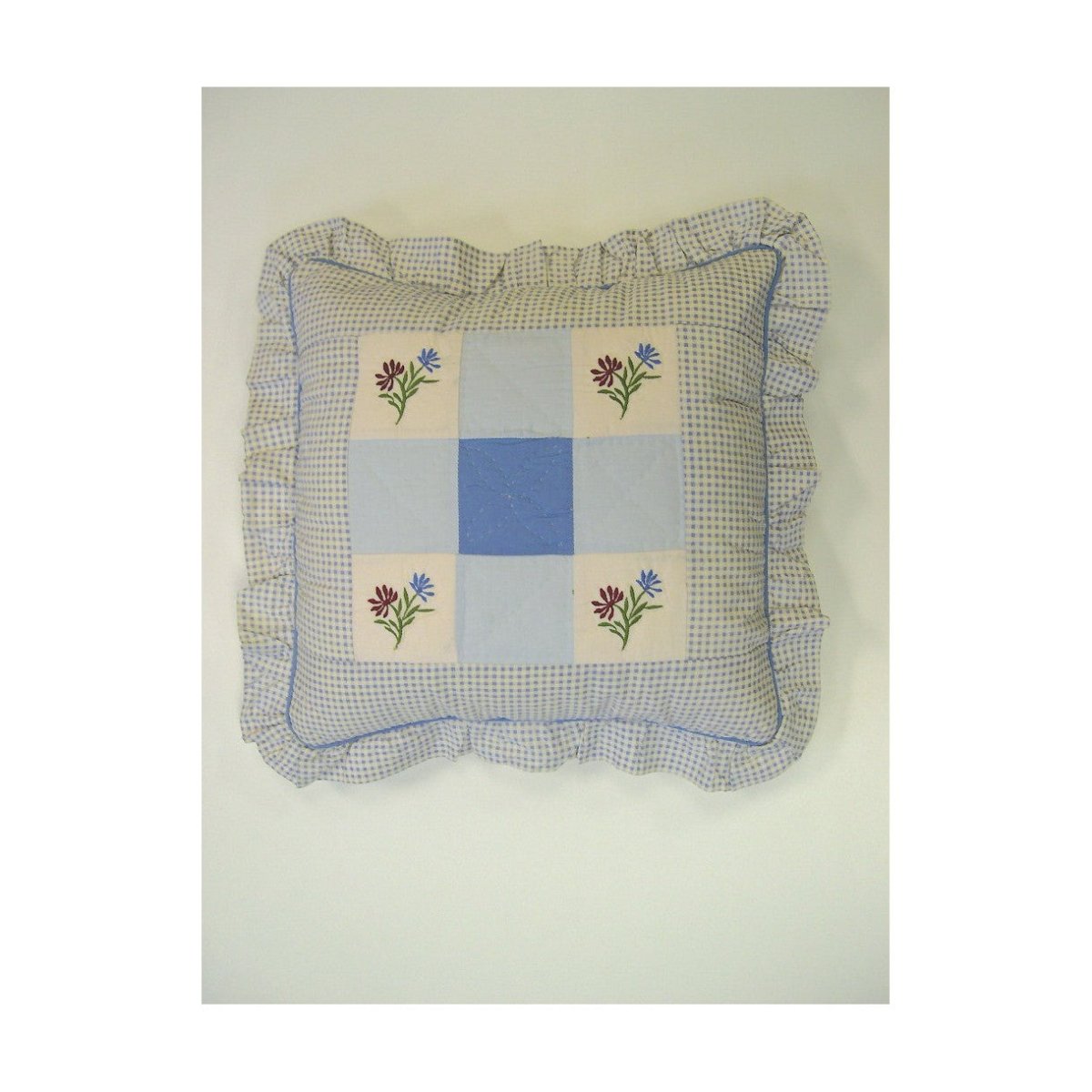 Picnic Blue Embroidered Throw Pillow, 16x16 inch, front view