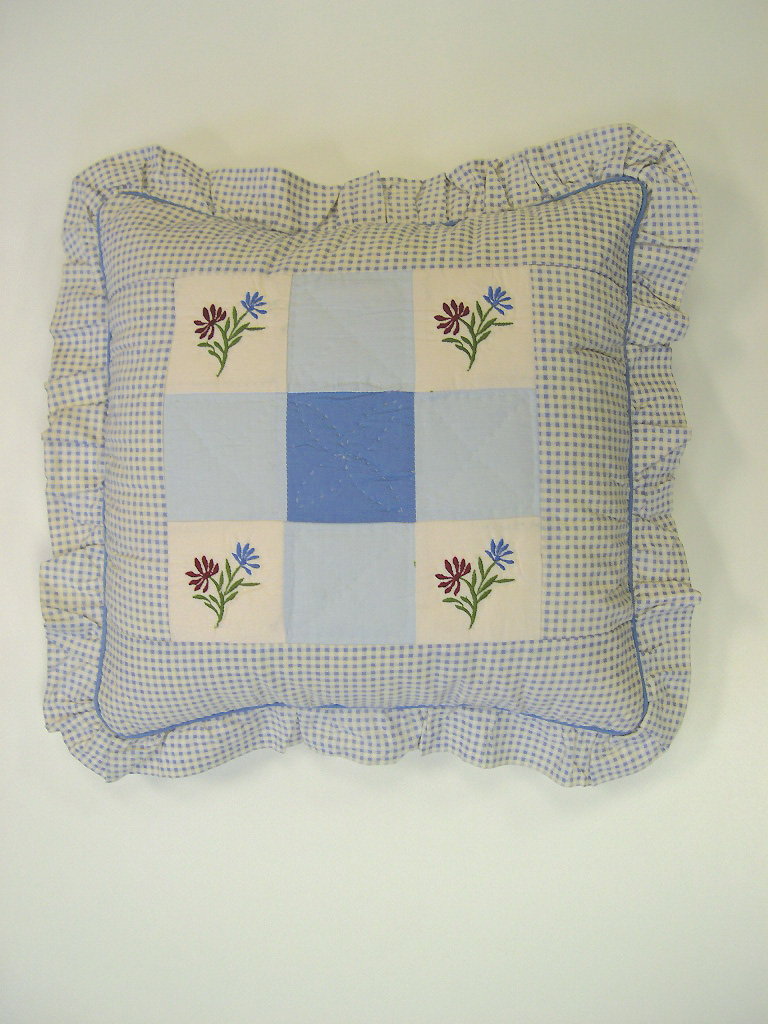 Picnic Blue Embroidered Throw Pillow, 16x16 inch, front view