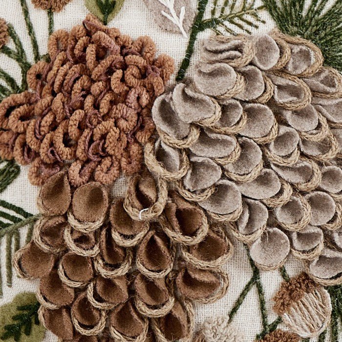 Pine Cluster Embroidered Christmas Throw Pillow, close-up detail