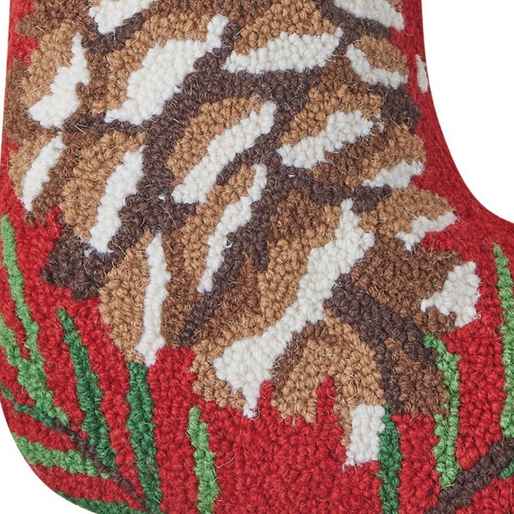 Closeup of Pine Cone Hooked Wool Christmas Stocking showing stitch texture and craftsmanship detail