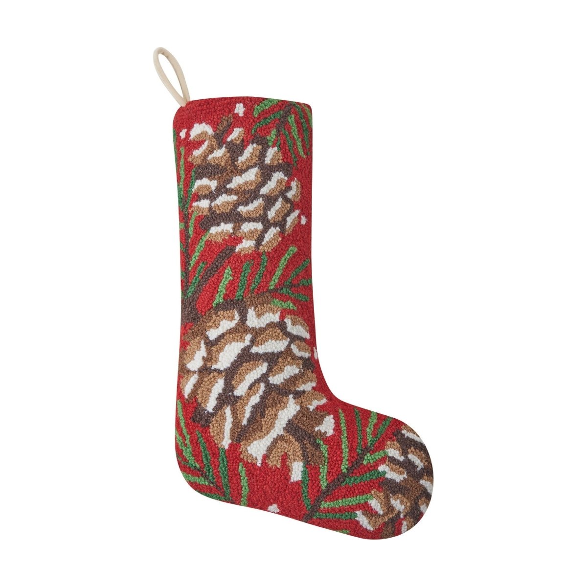 Pine Cone Hooked Wool Christmas Stocking, 12x20 inch, front view