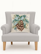 Pine Hooked Wool Christmas Throw Pillow on an armchair, showing the throw pillow at room scale, 16x16 inch