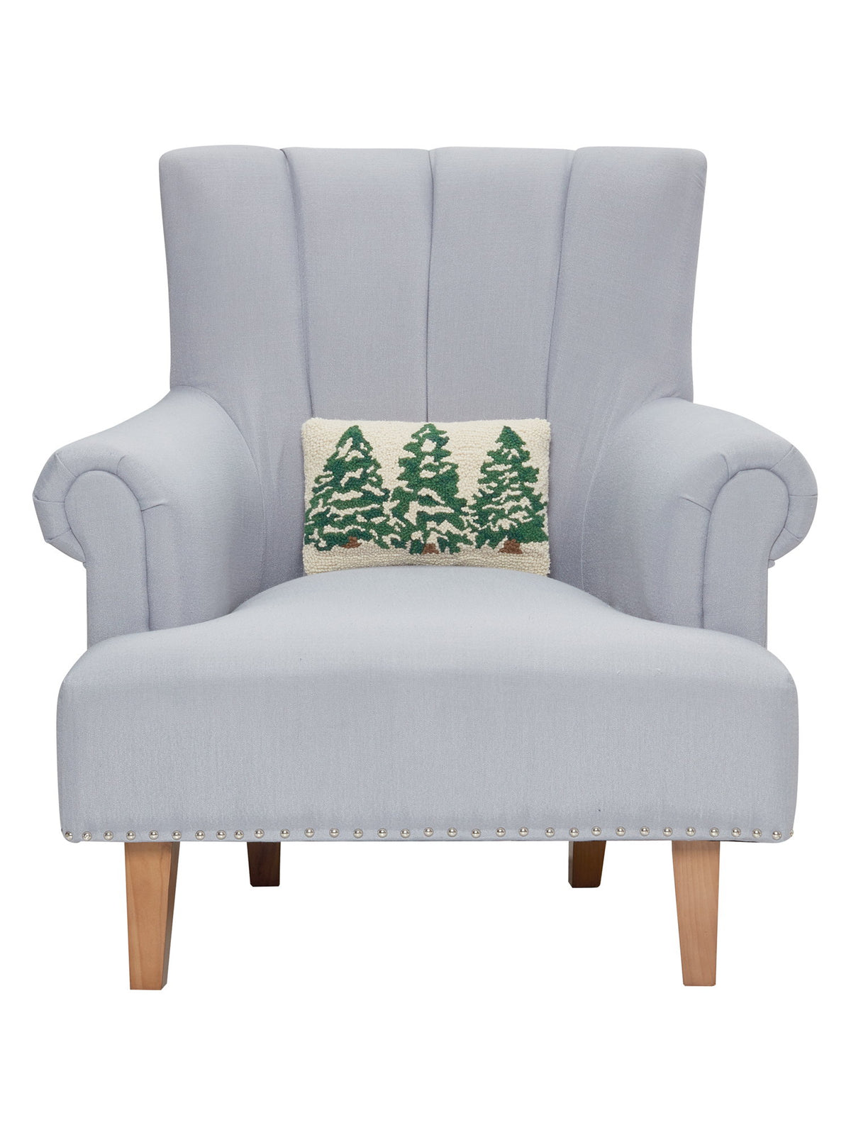Pine Trees Trio Hooked Wool Christmas Throw Pillow on an armchair, showing the throw pillow at room scale, 8x12 inch