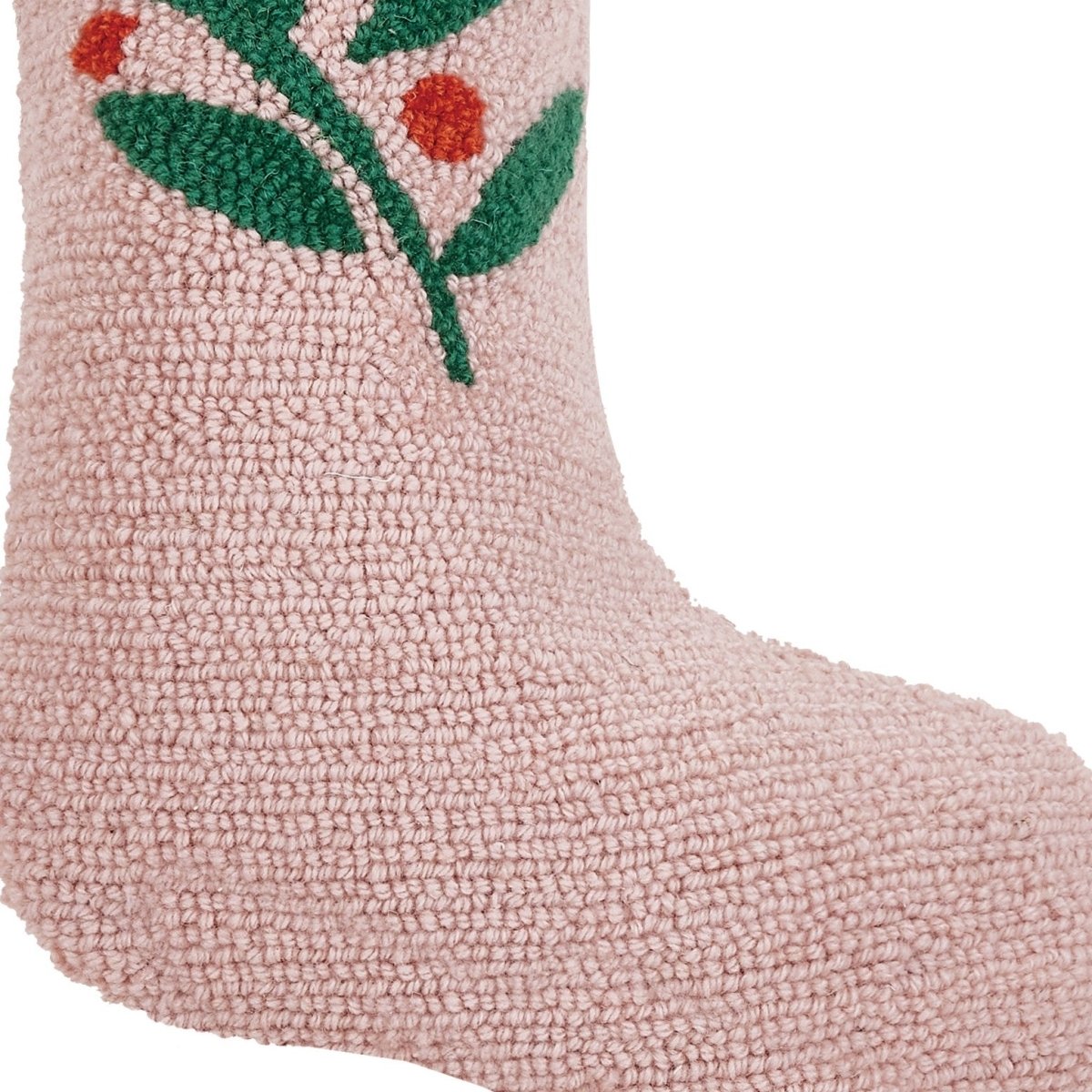 Pink Berries with Pom Pom Tassel Hooked Wool Christmas Stocking, close-up detail