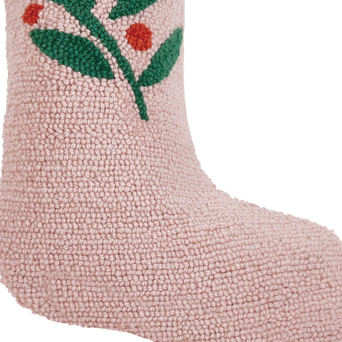 Pink Berries with Pom Pom Tassel Hooked Wool Christmas Stocking, close-up detail