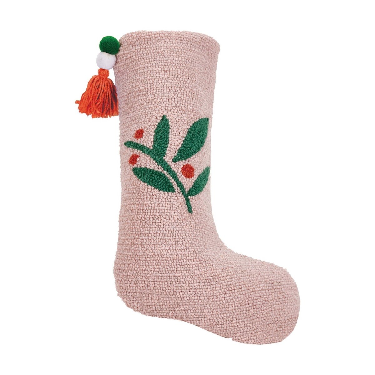 Pink Berries with Pom Pom Tassel Hooked Wool Christmas Stocking, 12x20 inch, front view
