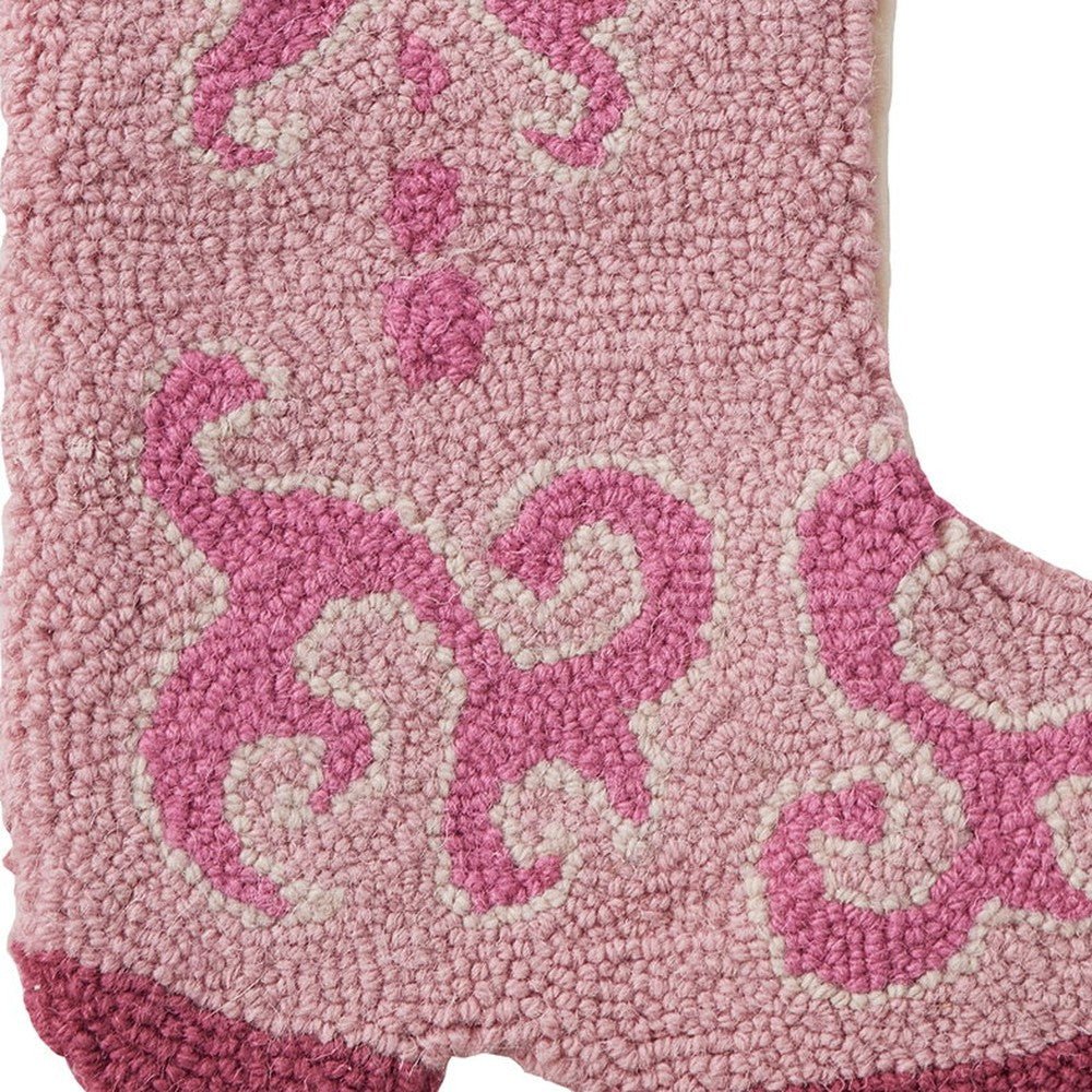 Closeup of Pink Cowboy Boot Hooked Wool Christmas Stocking showing stitch texture and craftsmanship detail