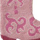 Closeup of Pink Cowboy Boot Hooked Wool Christmas Stocking showing stitch texture and craftsmanship detail