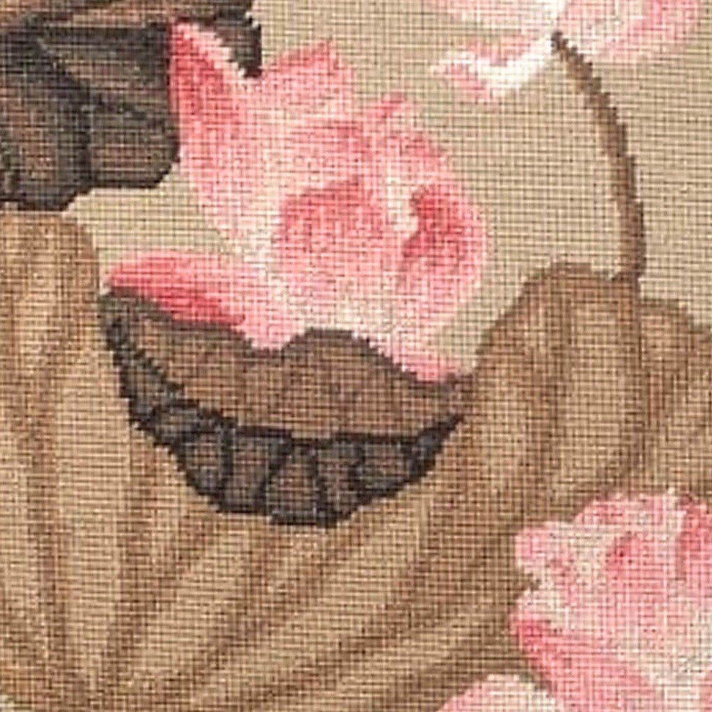 Closeup of Pink Fall Lotus Flower needlepoint throw pillow highlighting hand-stitched wool craftsmanship and fabric detail