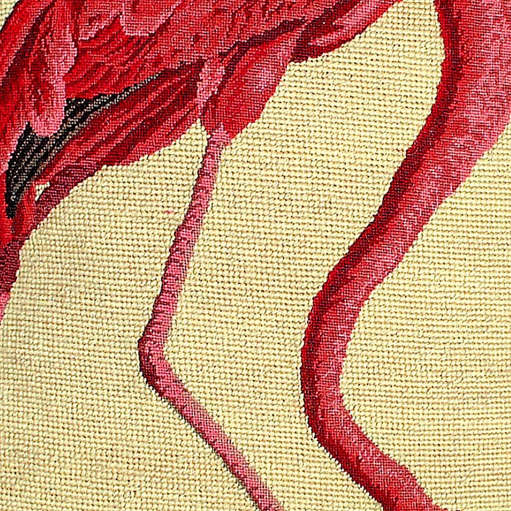 Closeup of Pink Flamingo Audubon needlepoint throw pillow highlighting hand-stitched wool craftsmanship and fabric detail