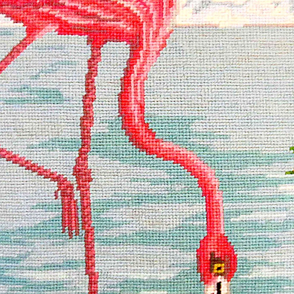 Hand-stitched wool detail of Pink Flamingo Coastal needlepoint pillow showing intricate weave pattern and texture