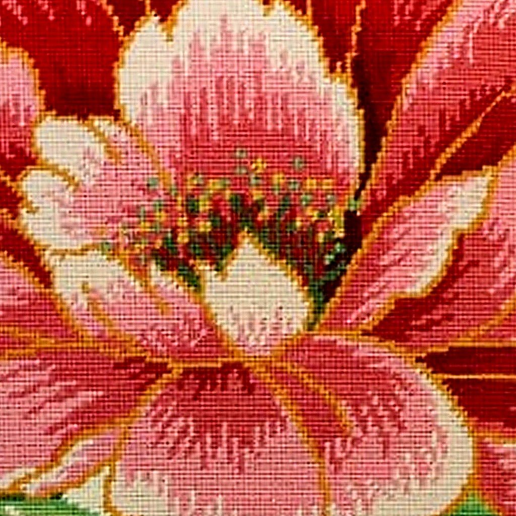 Hand-stitched wool detail of Pink Flower Classic needlepoint pillow showing intricate weave pattern and texture