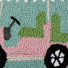 Pink Golf Cart Hooked Wool Christmas Throw Pillow, close-up detail