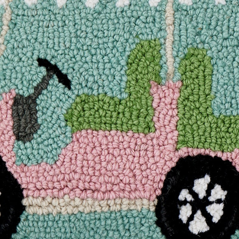 Pink Golf Cart Hooked Wool Christmas Throw Pillow, close-up detail