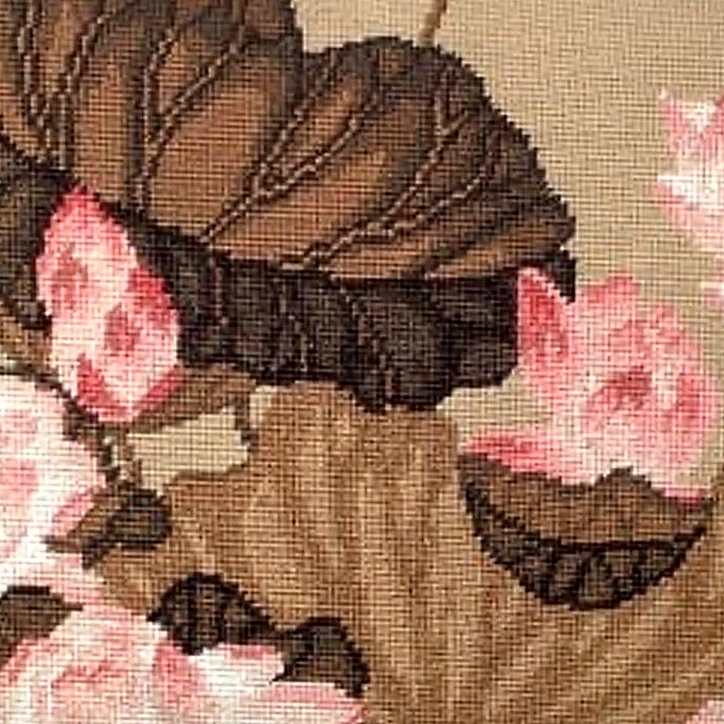 Pink Green Lotus Botanical pillow fabric closeup showing hand-embroidered needlepoint wool texture and color detail