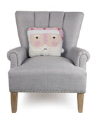 Pink Hat Santa Shaped Hooked Wool Christmas Throw Pillow on an armchair, showing the throw pillow at room scale, 14x16 inch