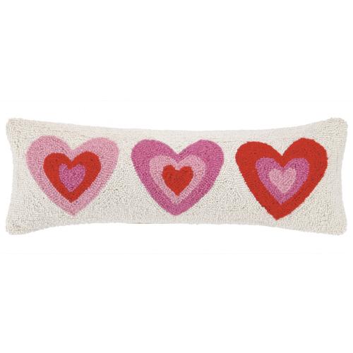 Pink Hearts Hooked Wool Valentine Throw Pillow, 8x24 inch, front view