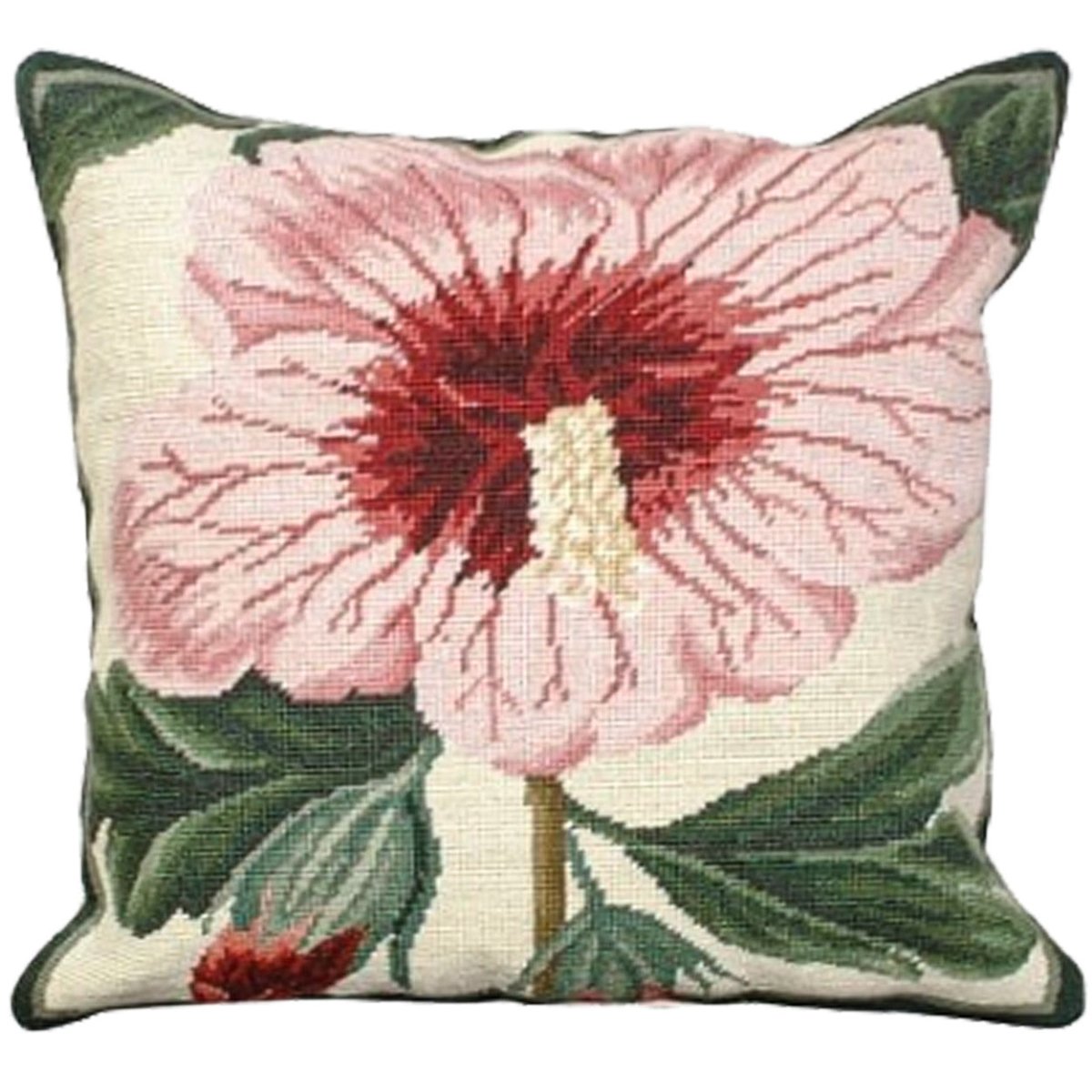 Pink Hibiscus needlepoint throw pillow with botanical floral design