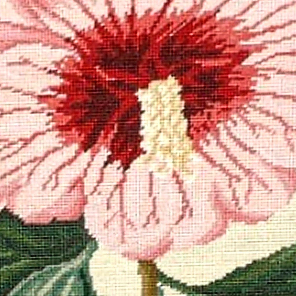 Hand-stitched wool detail of Pink Hibiscus Botanical needlepoint pillow showing intricate weave pattern and texture