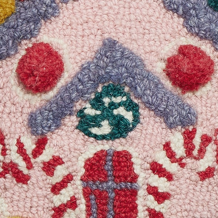 Pink House Hooked Wool Christmas Throw Pillow, close-up detail